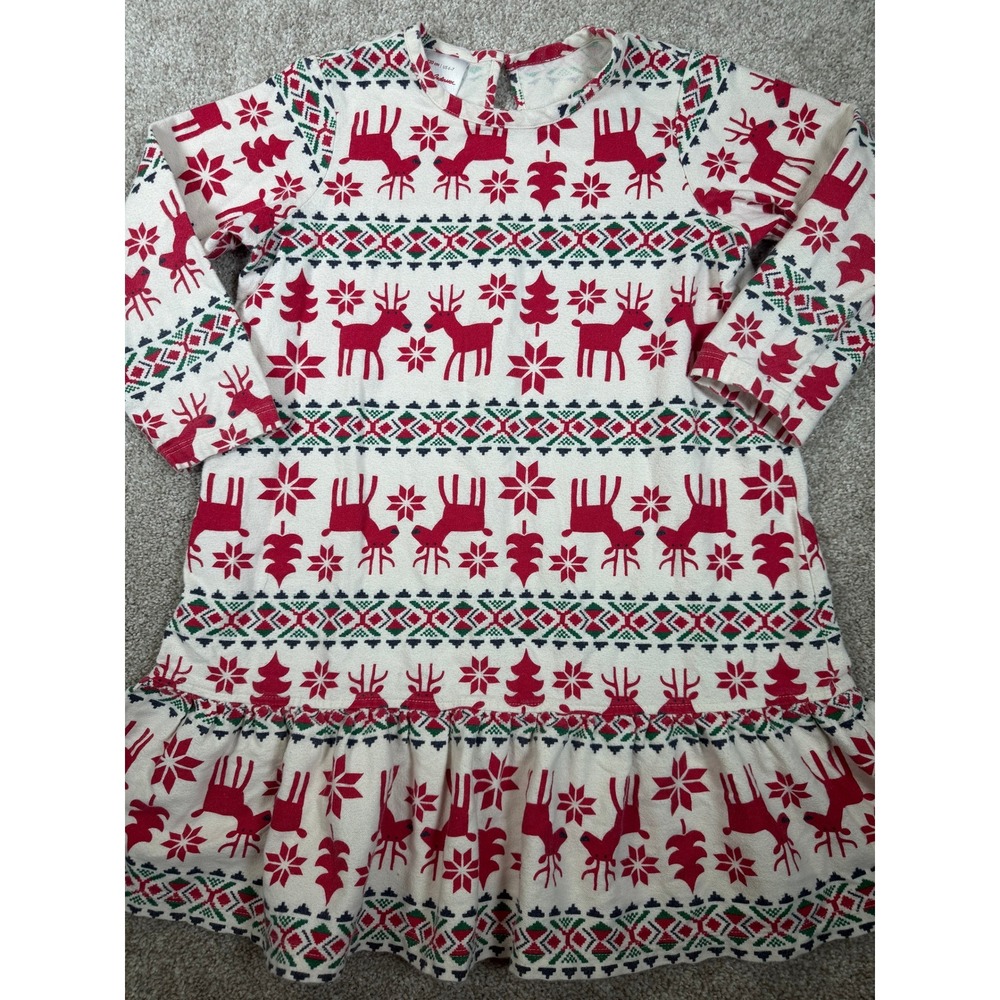 Hanna Andersson Girls 120 US 6-7 Reindeer Fair Isle Holiday Dress Cream Red